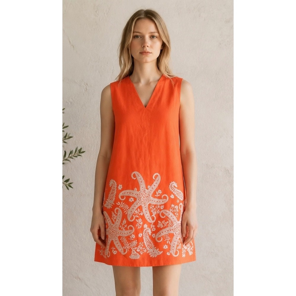 Maeve Anthropologie Shift Dress Starfish Embroidered 6 Coral Resort Nautical